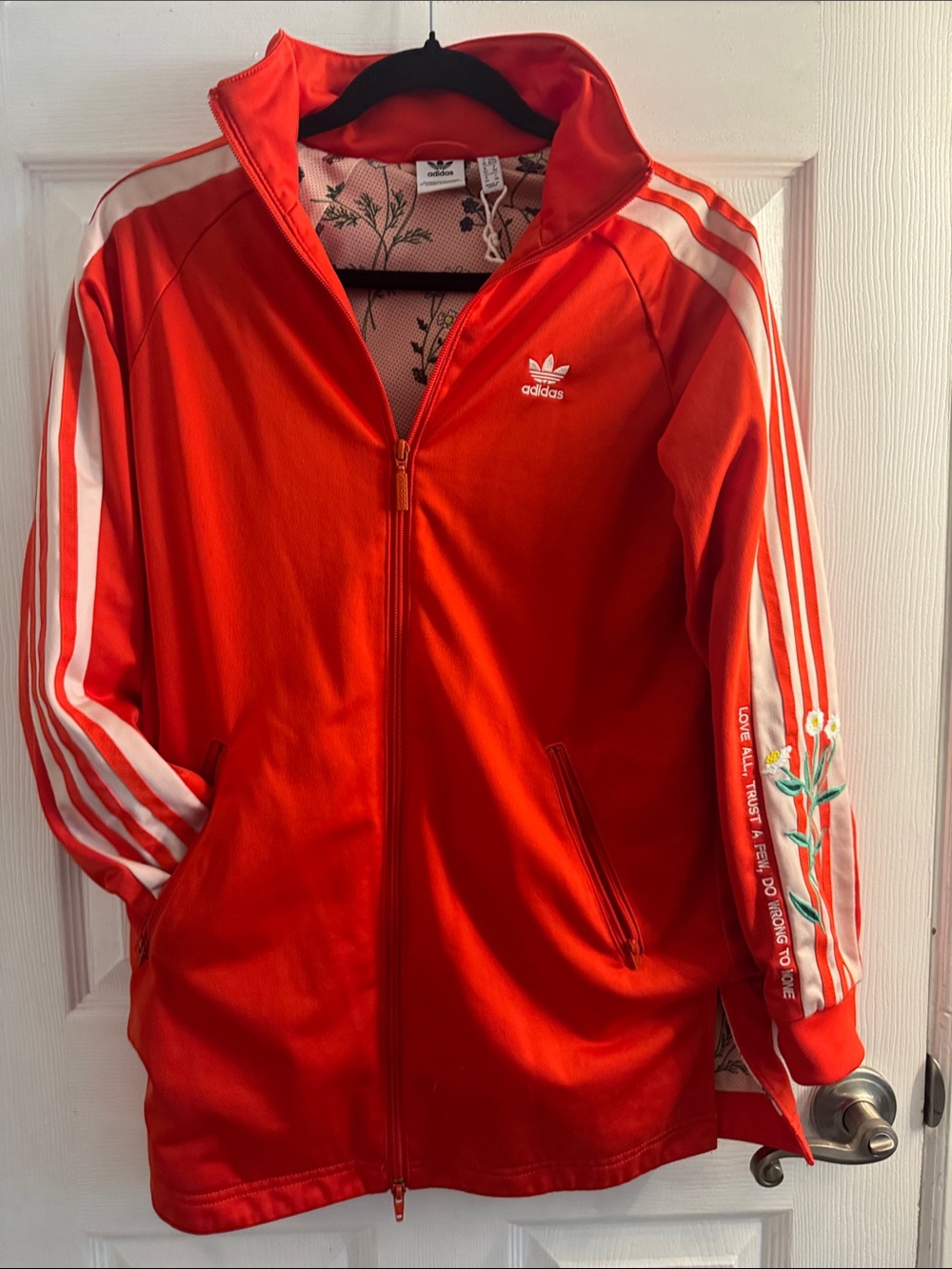 adidas Original Long Bright Red Zip Track Jacket with White Stripes and florals